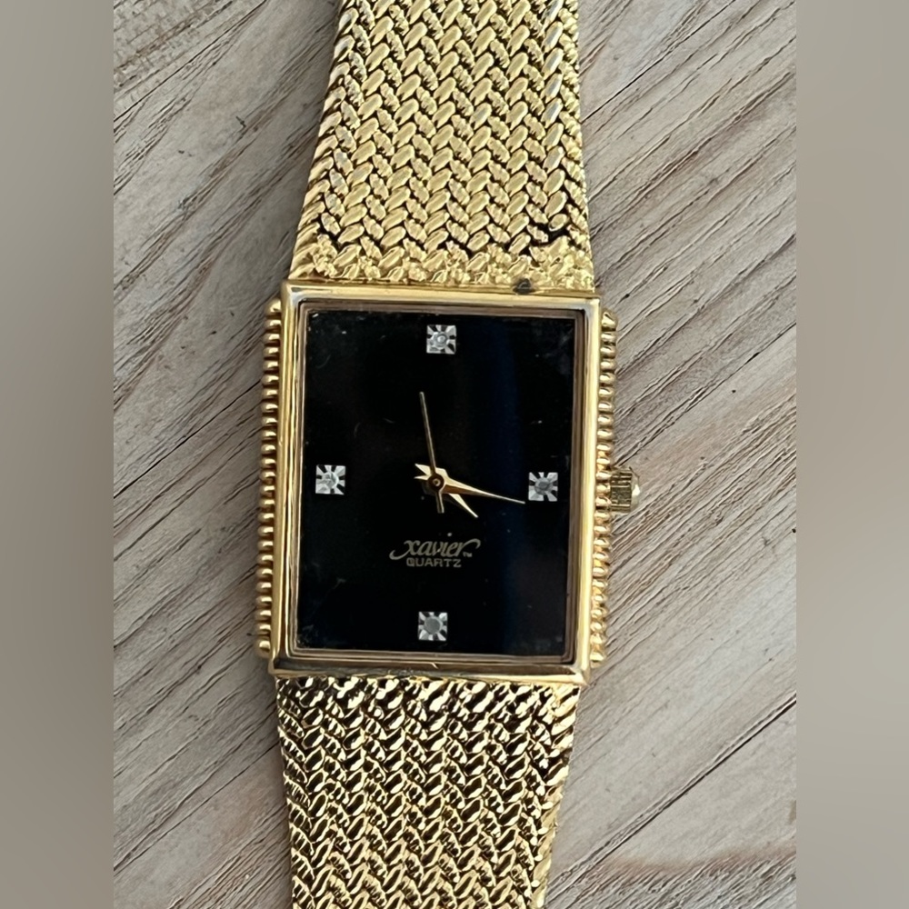 Xavier Ladies Watch Diamonds Vintage Gold Tone Bracelet Black Dial